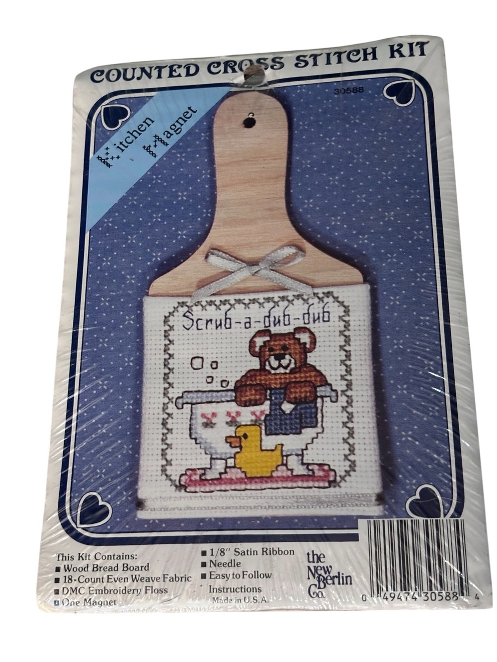 Vtg New Berlin Cross Stitch Kit Bread Board Kitchen Magnet Teddy Bear Bath 30588